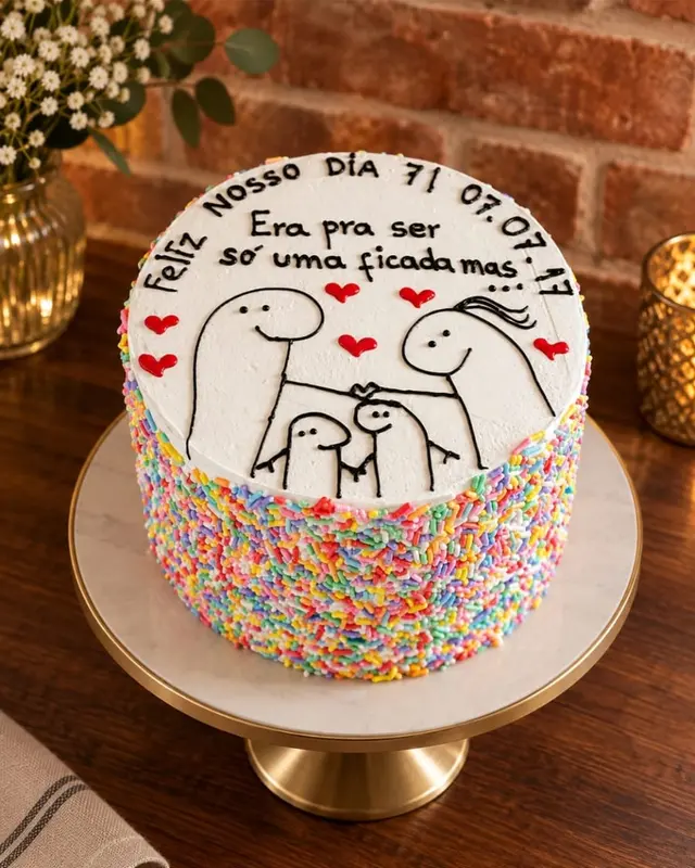 Bolo de confeites coloridos com desenho de casal e recado escritos à mão