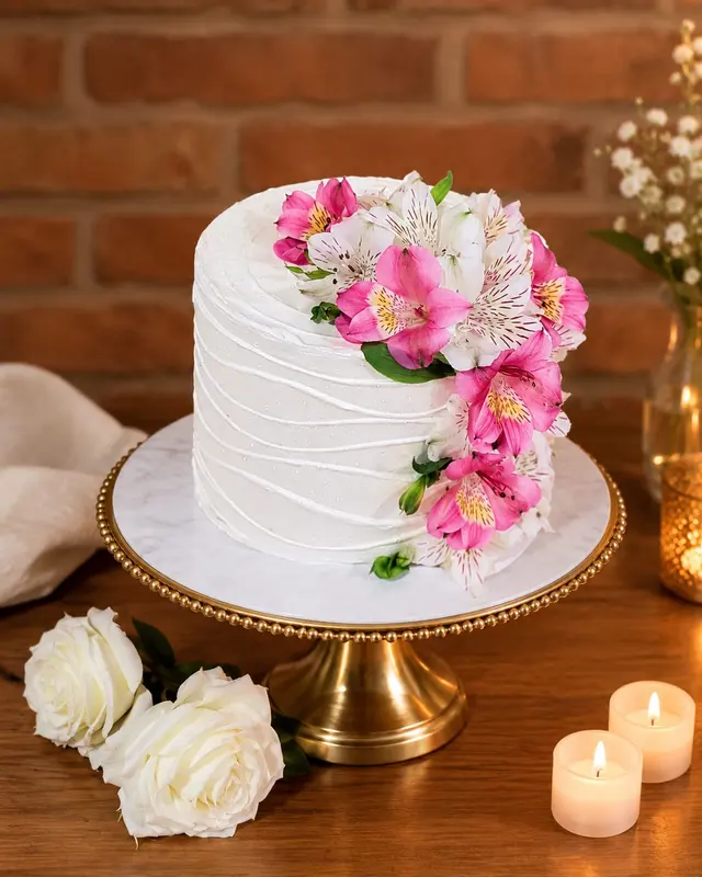 Bolo branco decorado com flores naturais em tons de rosa e branco