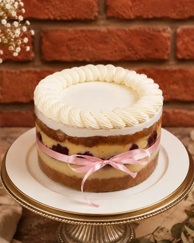 Bolo com borda trançada de chantilly, recheio de frutas vermelhas à mostra e laço rosa