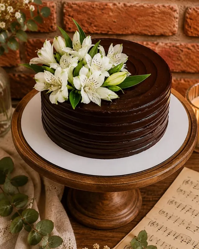 Bolo de chocolate com ganache e buquê de astromélias brancas no topo